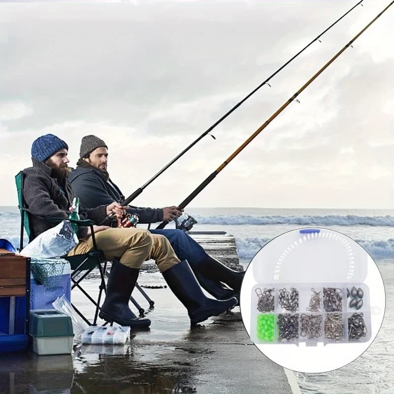 Kit pêche 150 pièces avec connecteurs rapides, plombs oeufs et perles lumineuses pour spinner
