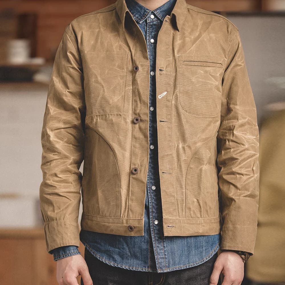 Veste canvas cirée vintage homme pêche - Veste multi-poches imperméable style pêcheur classique