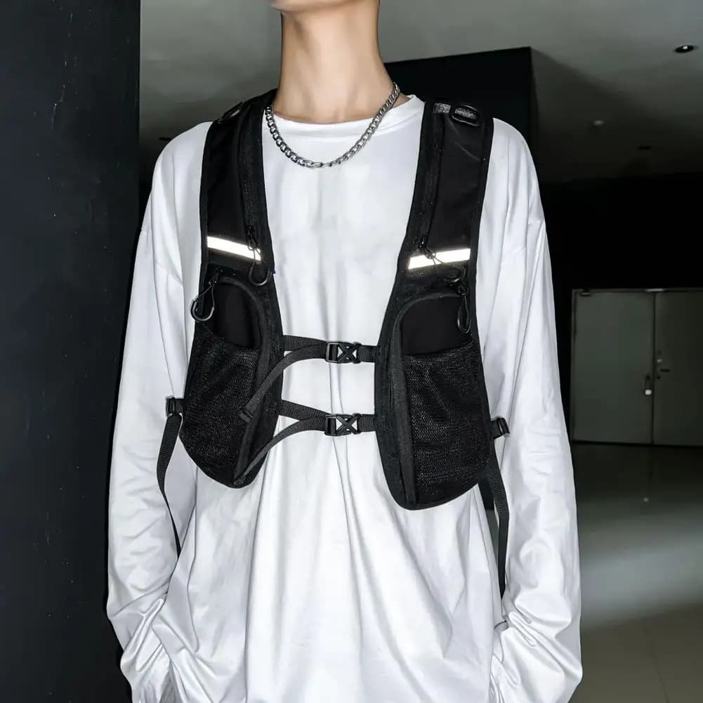 Sac poitrine fonctionnel grande capacité pour pêche avec bandes réfléchissantes veste porte-accessoires sport