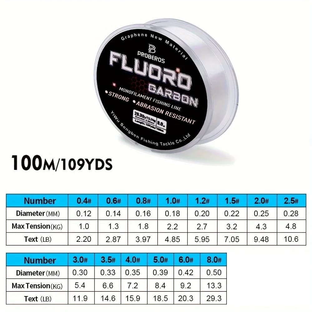 Fil fluorocarbone PROBEROS 100M 2.2LB-29.3LB pour pêche à la carpe et ligne plongeante