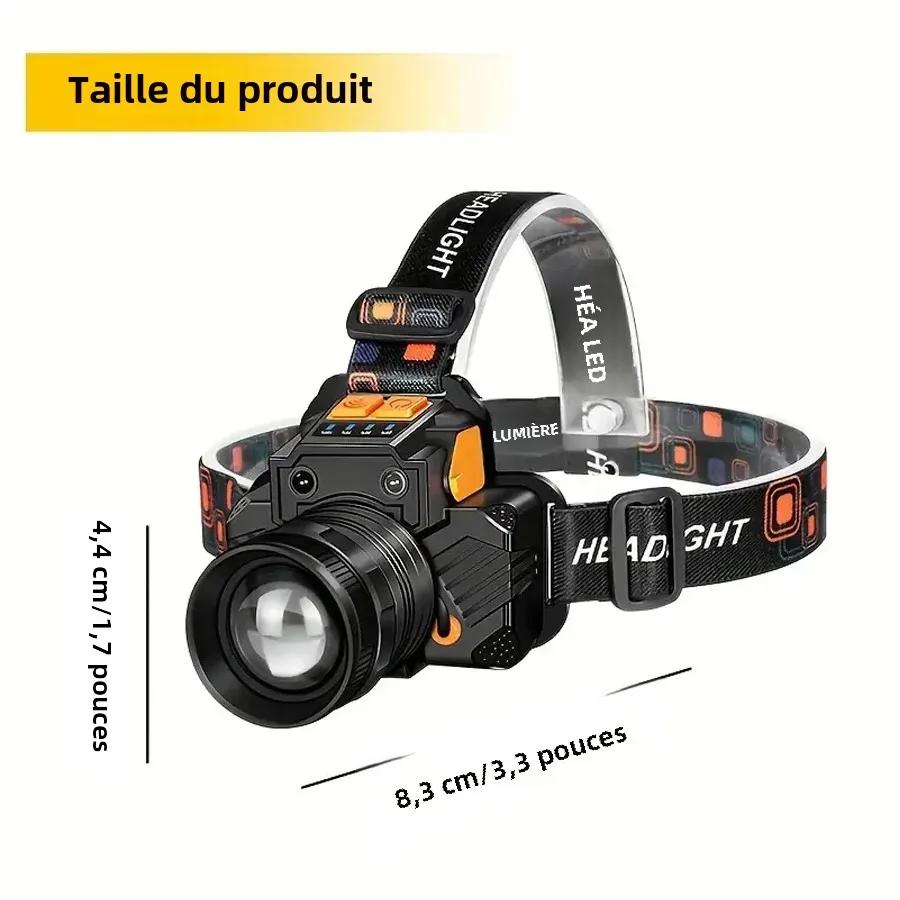 Frontale LED rechargeable 3 modes avec focus réglable 90° pour pêche, chasse et randonnée