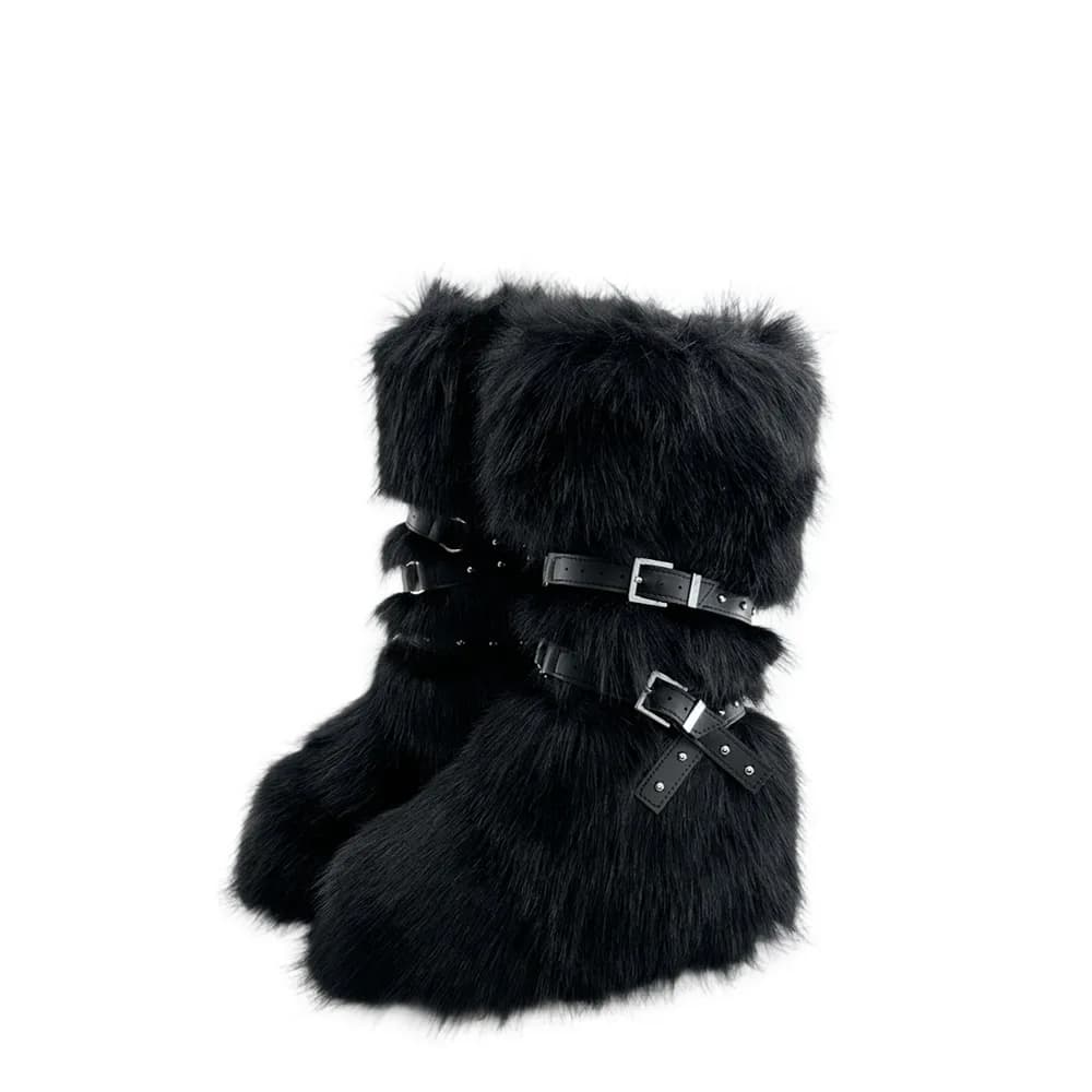 Bottes genou fourrure synthétique femmes plateforme wedge boucle croisée marron spice girl hiver neige pêche