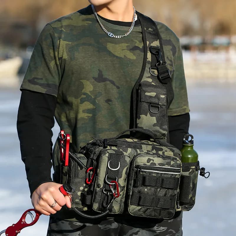 Sac bandoulière tactique pour matériel de pêche - Sac poitrine et ceinture multifonction pour leurres