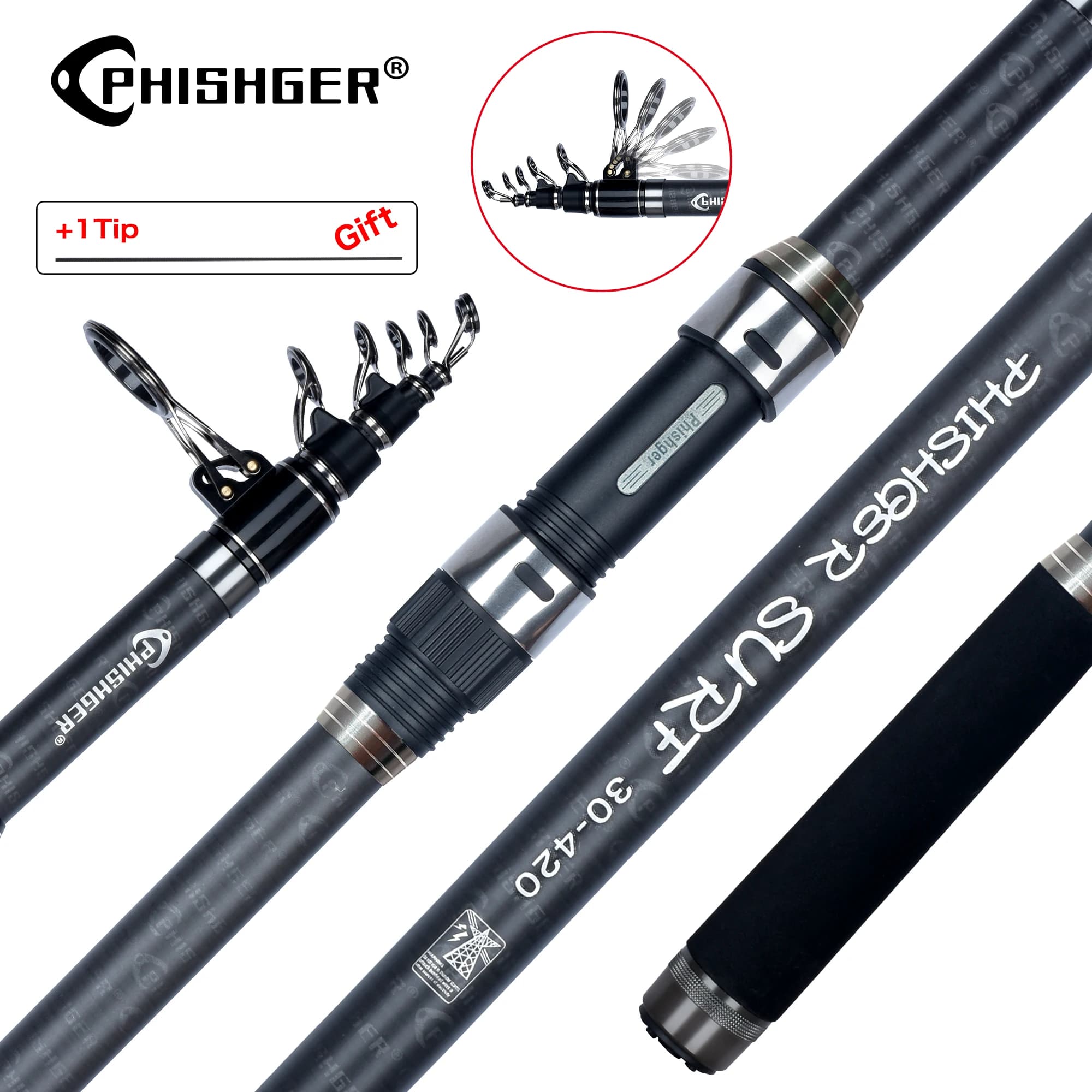 Canne téléscopique surfcasting PHISHGER 3.6m à 5.3m puissance 80-150g carbone 30T pour pêche du bord en mer