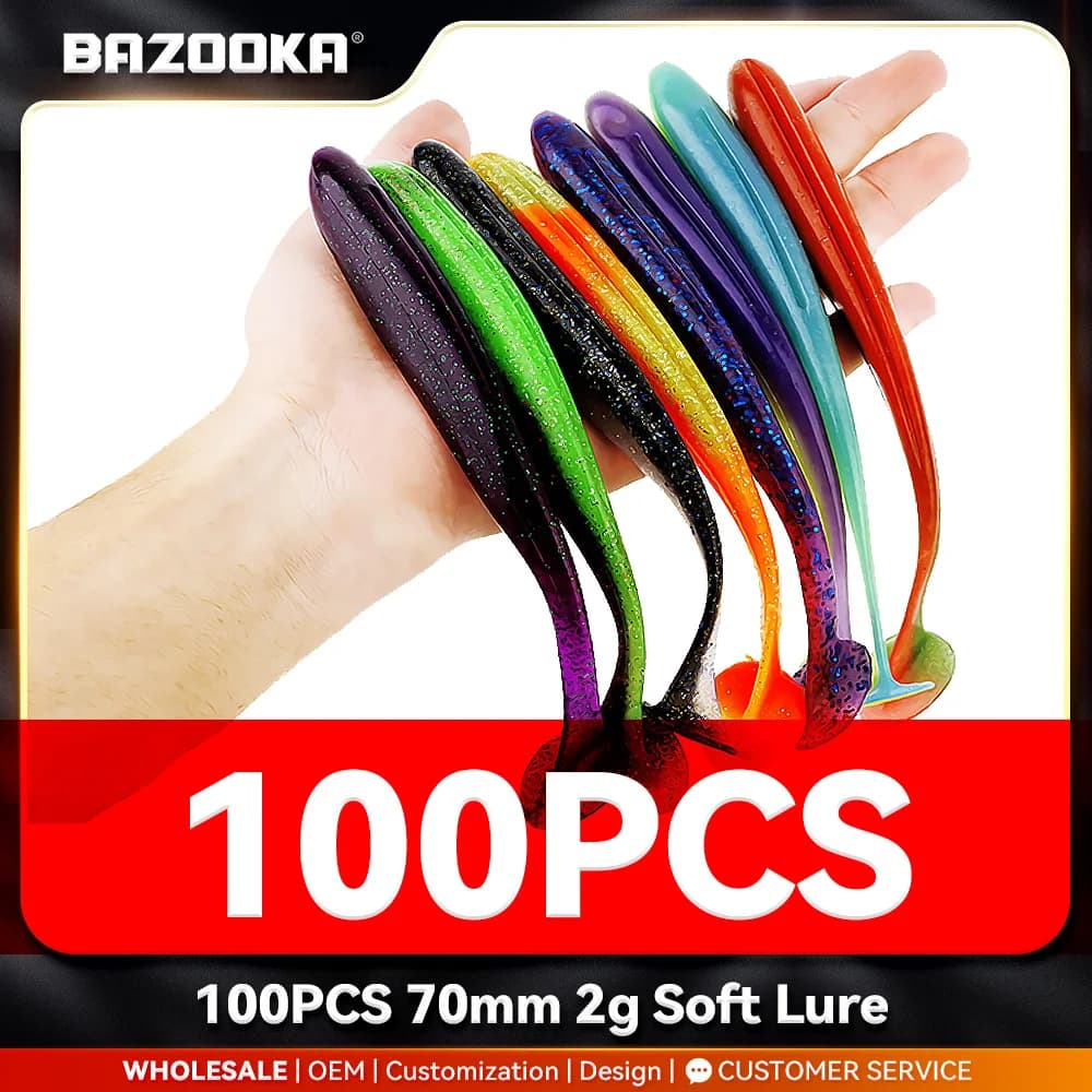100 leurres souples Bazooka Shad 70mm 2g pour pêche hivernale brochet et perche - queue en T