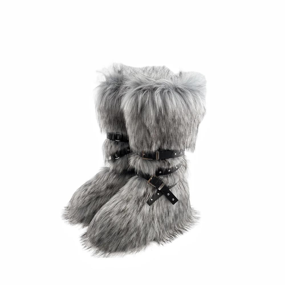 Bottes genou fourrure synthétique femmes plateforme wedge boucle croisée marron spice girl hiver neige pêche