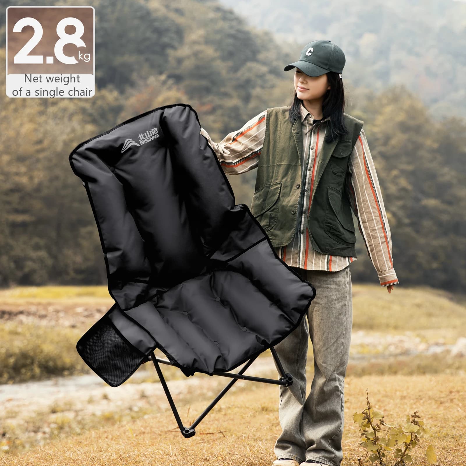 Chaise lune de camping pliable à dossier haut - Réglable pour pêche, randonnée et pique-nique