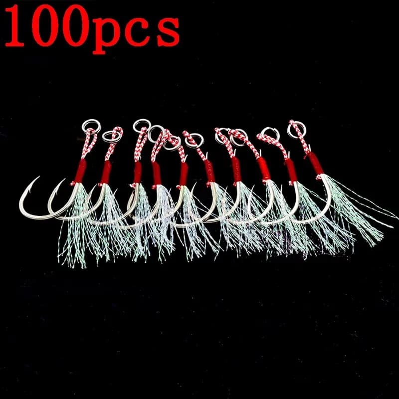 20/100pcs Slow Jigging Assist Hook Barbed Single Jig avec plumes - Hameçons acier carbone pêche