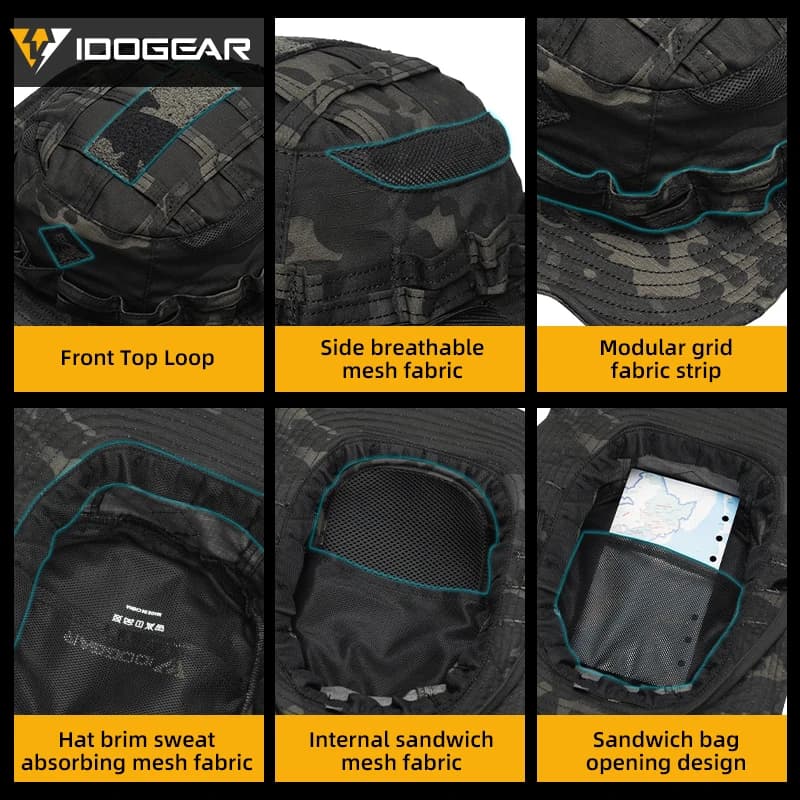 Chapeau de pêche tactique IDOGEAR boonie jungle à large bord réglable et respirant 3623