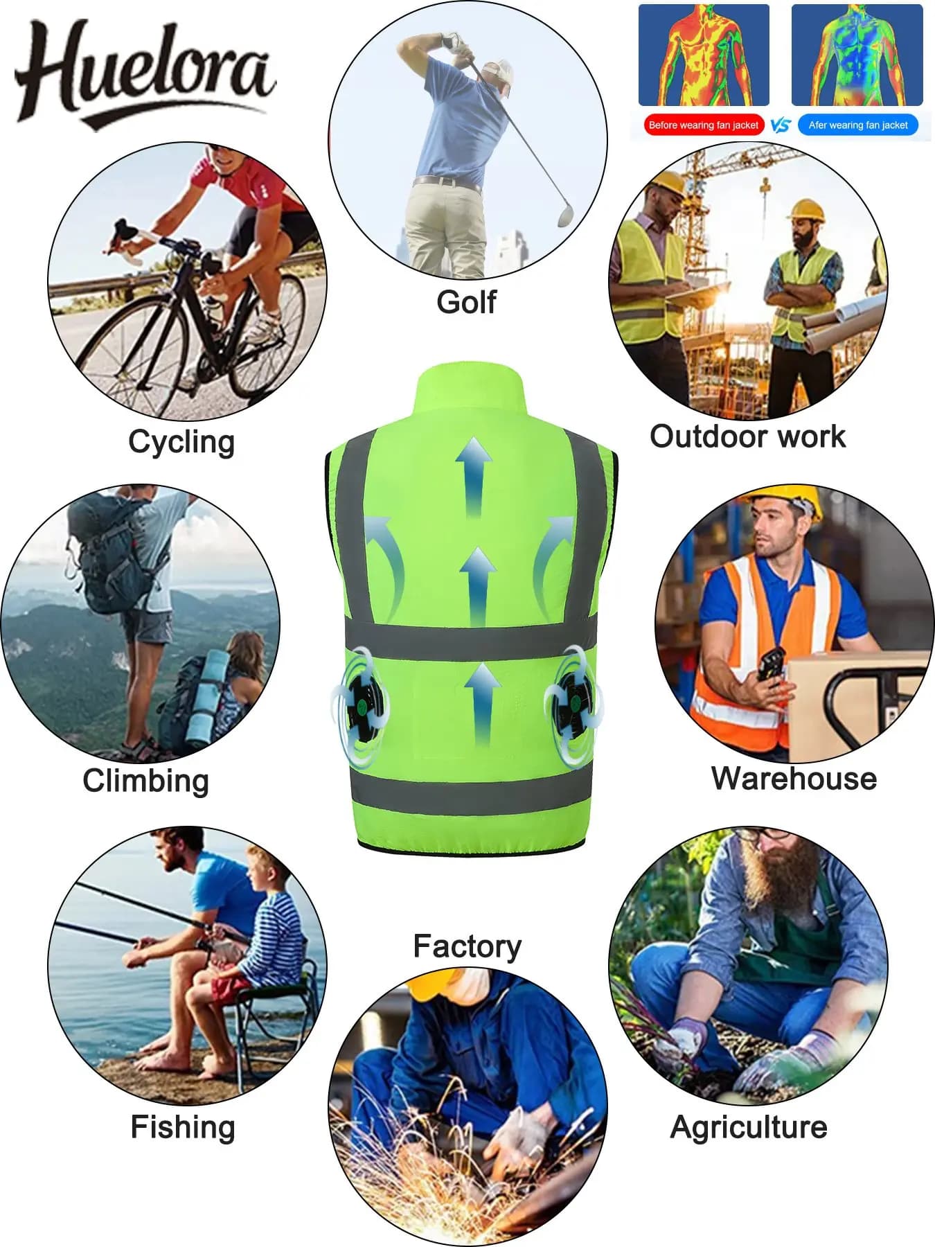Gilet rafraîchissant été ventilateur USB 5V travail pêche veste climatisée bandes réfléchissantes