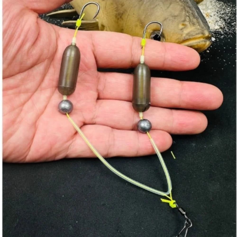 Hair rig prêt à pêcher avec 2 hameçons barbelés suspension - Montage Iseni pour pêche carpe performante