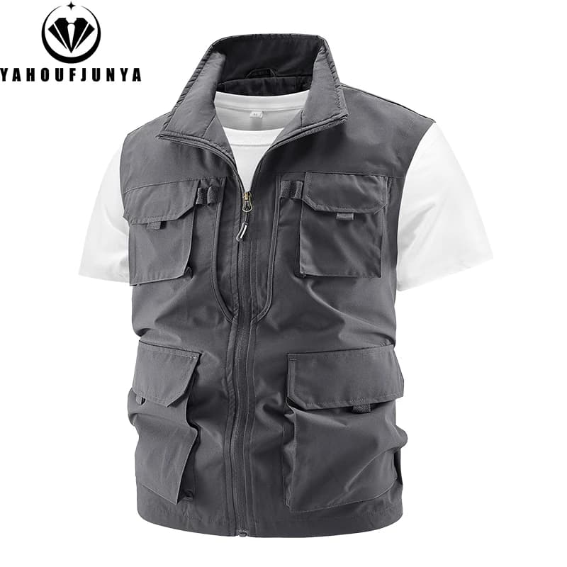 Gilet pêche homme été multiples poches - Col montant solide sans manches - Veste outdoor respirante