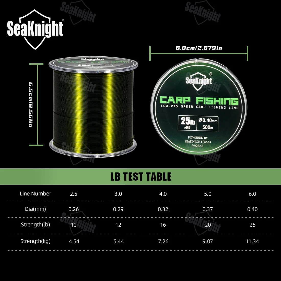 Ligne de pêche carpe nylon SeaKnight 500M résistante à l'abrasion, invisible sous l'eau, 10-25LB vert foncé