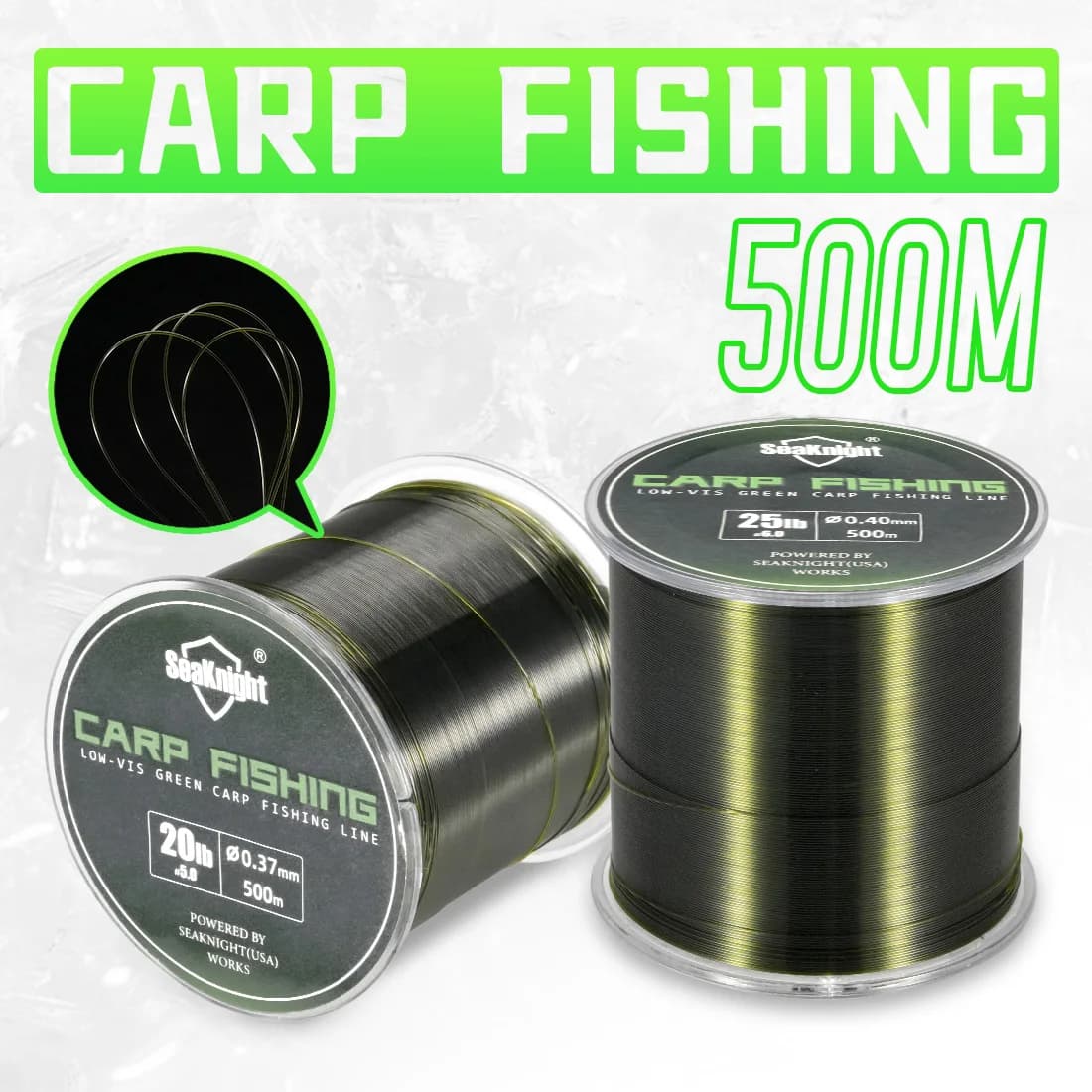 Ligne de pêche carpe nylon SeaKnight 500M résistante à l'abrasion, invisible sous l'eau, 10-25LB vert foncé