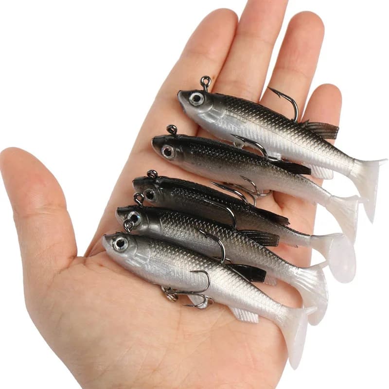 Kit 5 leurres souples 8cm pour pêche - Appâts artificiels avec hameçons frais et accrocheurs