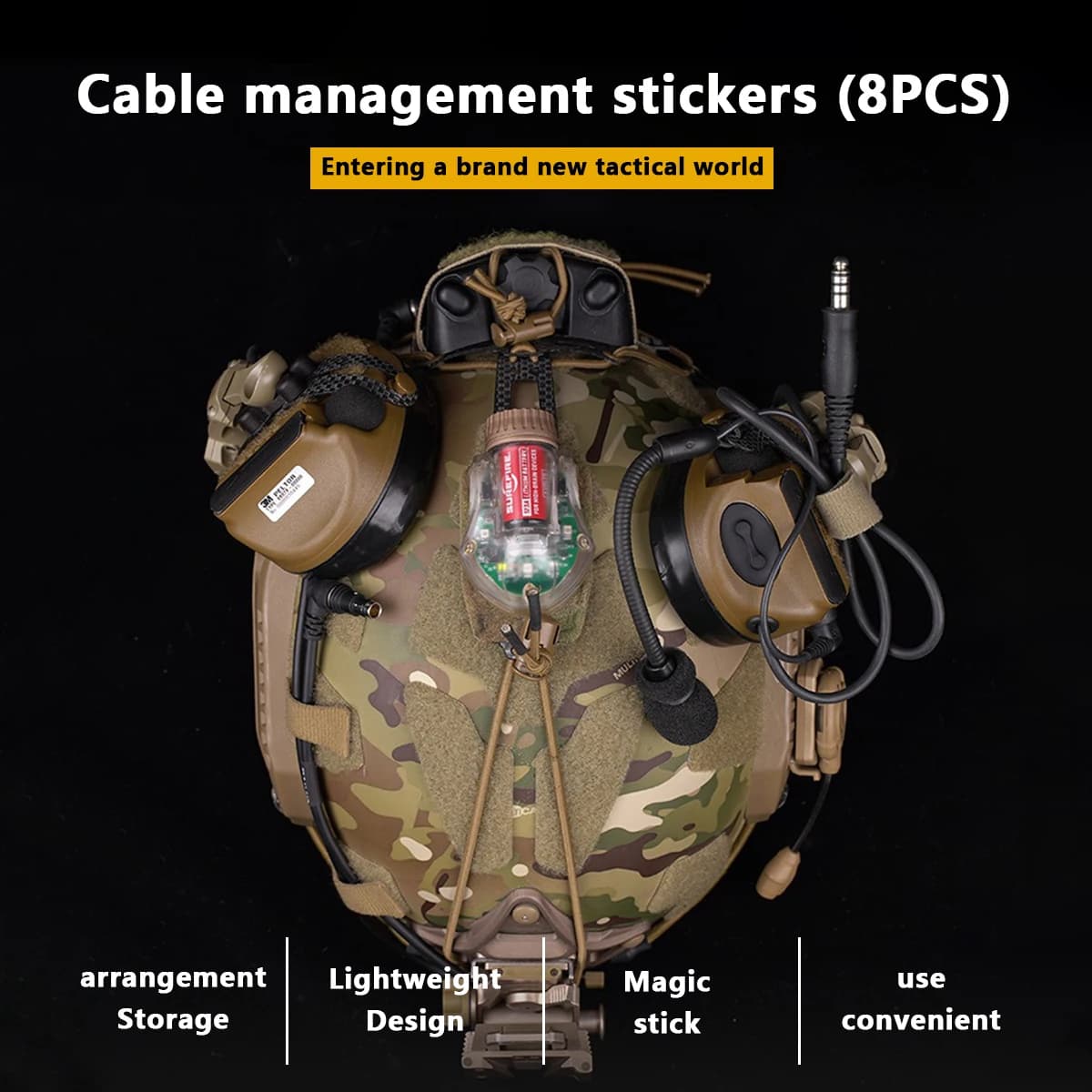 Kit gestion câbles 8 pièces pour casque tactique - Organisateur fils NVG et communications avec sangles auto-agrippantes
