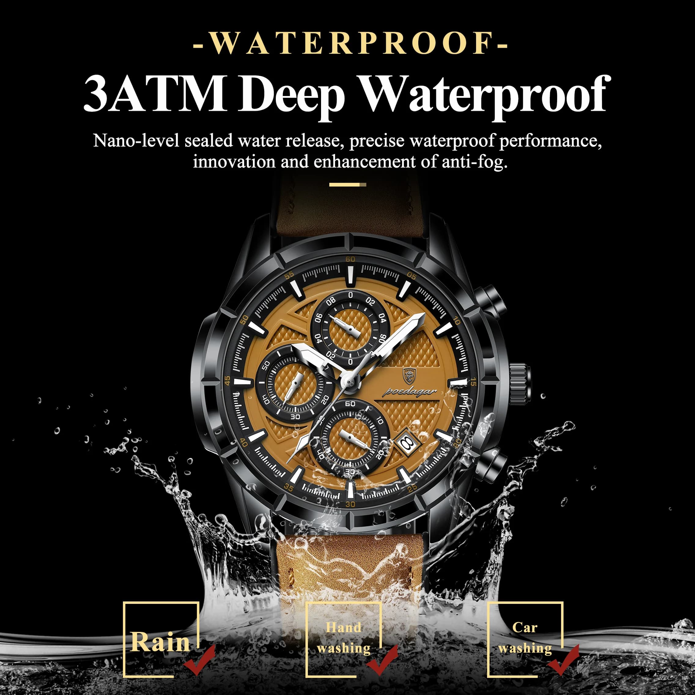 Montre homme luxe POEDAGAR - Cuir véritable chronographe - Étanche et lumineuse - Idéale pêche