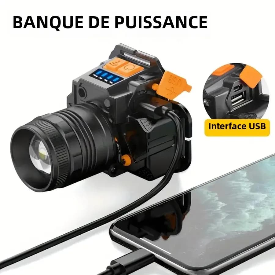 Frontale LED rechargeable 3 modes avec focus réglable 90° pour pêche, chasse et randonnée