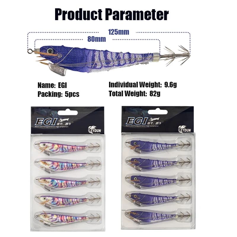 Set 5 leurres lumineux LEYDUN pour calmar et seiche - Appâts egi purple pour pêche profonde en mer