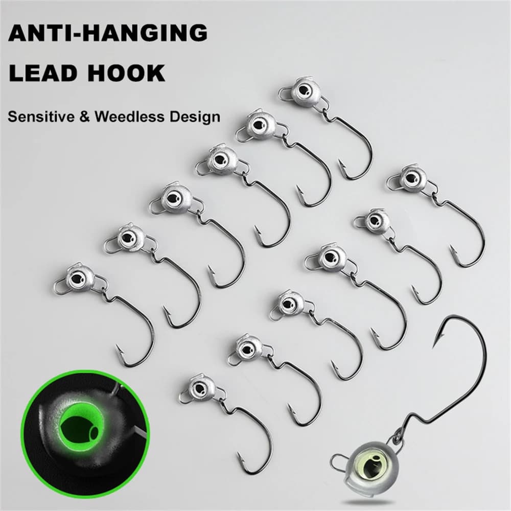 10 têtes plombées weedless avec yeux luminescents - Hameçons wide gap pour perche et bass