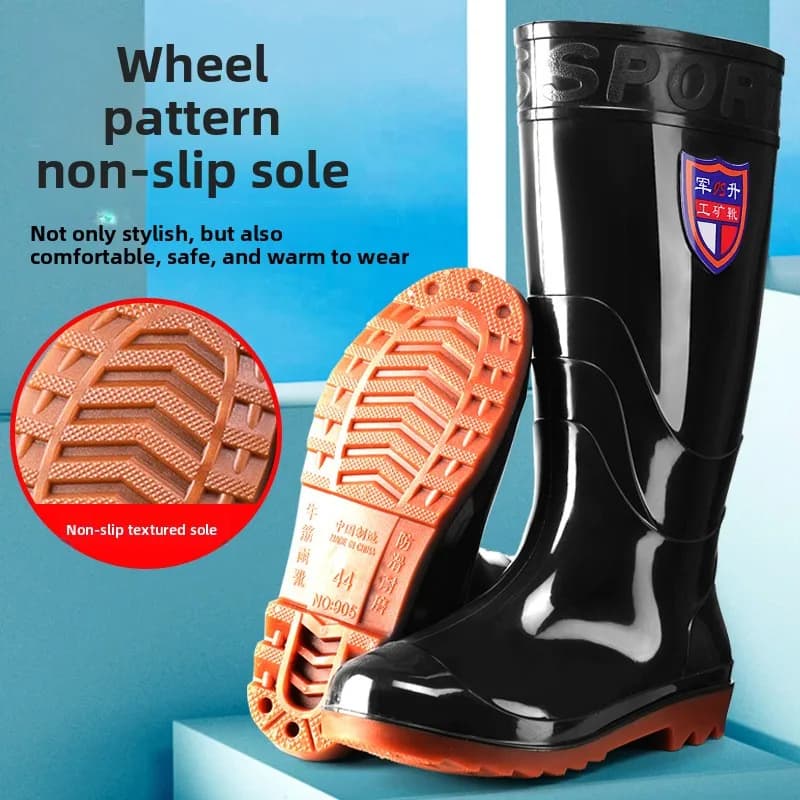 Bottes pluie hautes noires style militaire homme cuisine anti-dérapantes PVC longues chaussures aquatiques traditionnelles