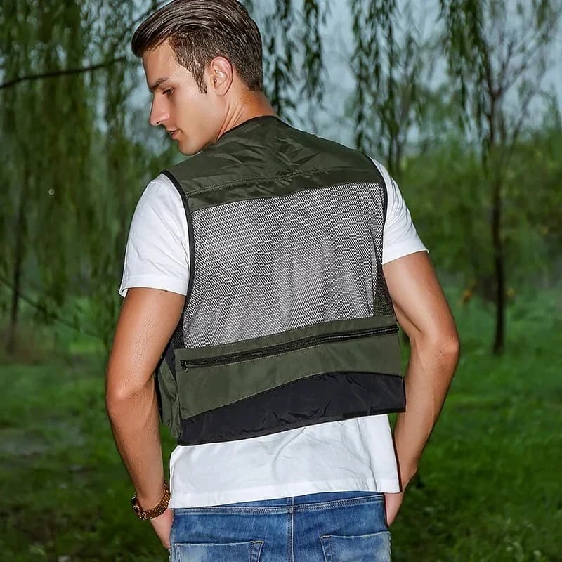 Gilet pêche poches amovibles respirant maille grille confortable résistant bandes réfléchissantes sécurité