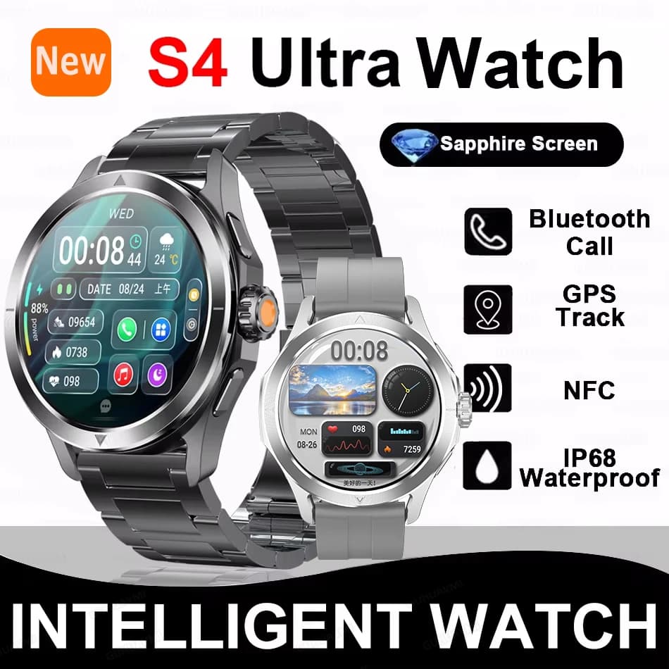 Smartwatch S4 Ultra Outdoor 2025 pour hommes avec écran AMOLED HD, NFC, GPS et boussole - Montre sport étanche