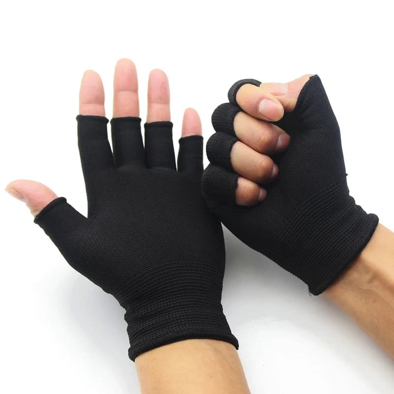 Paire de gants sans doigts noirs mi-longs homme femme laine tricot poignet coton hiver pêche