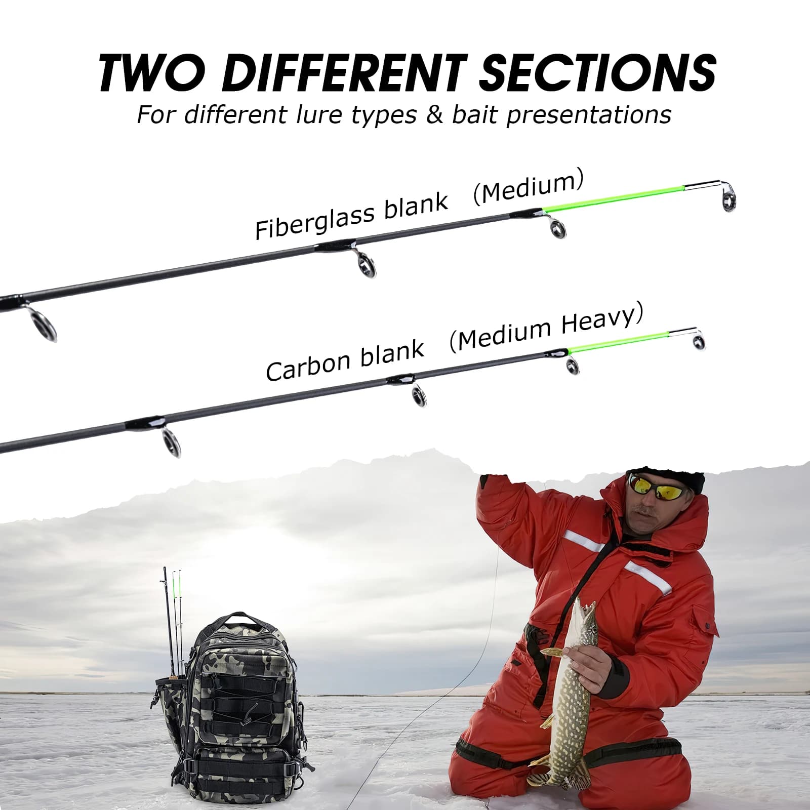 Canne glace GOTURE 32" double scion M+MH pour pêche hivernale carpe et poissons blancs ultralégère