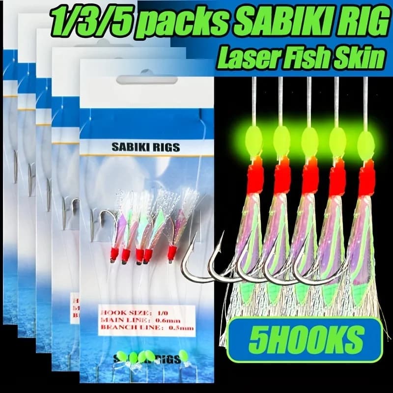 Montages Sabiki 1 à 5 packs avec plumes et perles lumineuses pour la pêche en mer aux poissons fourrage