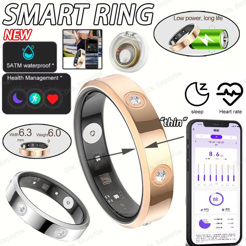 Bague connectée étroite 6.3mm mesure fréquence cardiaque stress IP68 étanche sport mode homme femme