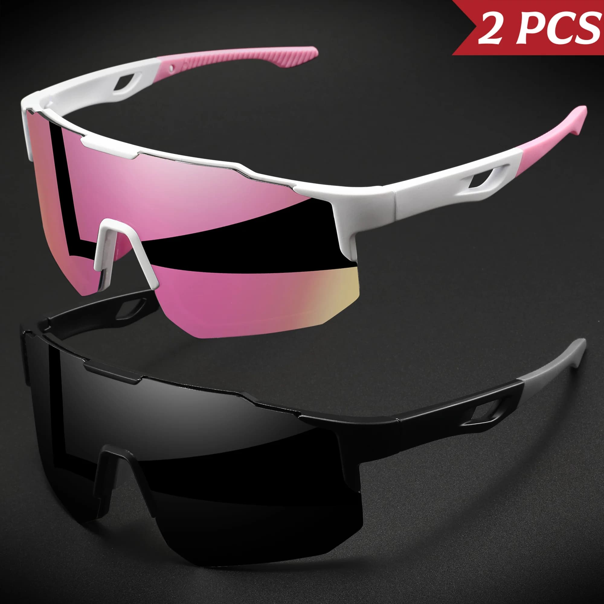 2 paires lunettes de sport surdimensionnées pêche - Design enveloppant UV400 unisexe confort randonnée cyclisme