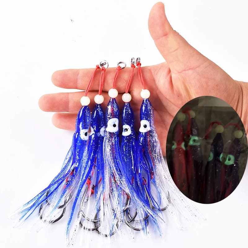 5 calamars souples 12cm avec jupes silicone et hameçons doubles assist - Pêche mer