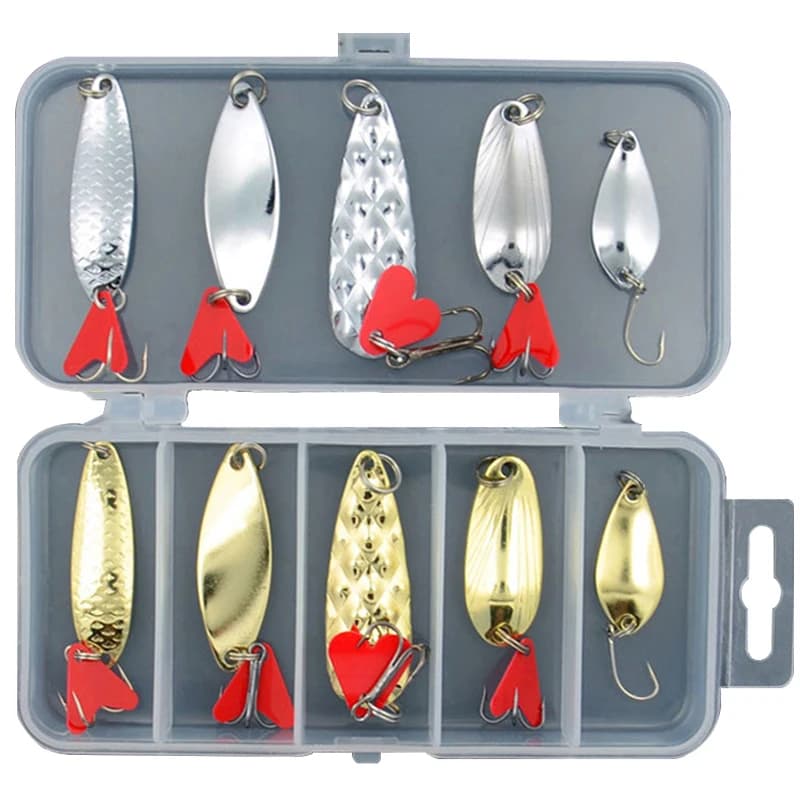 Kit de pêche avec boîte de rangement : 10 leurres métalliques cuillères spinner dorés et argentés pour carnassiers