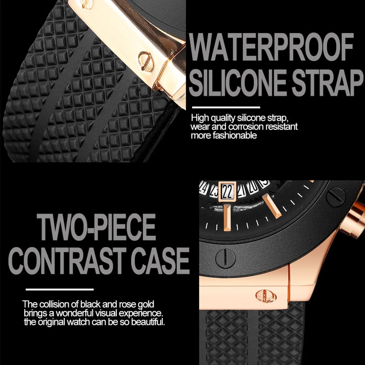 Montre militaire homme VA VA VOOM 46mm cadran rose gold squelette - Bracelet silicone - Mouvement quartz original