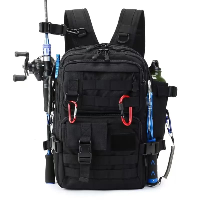 Grand sac à dos tactique pour matériel de pêche avec porte-canne et porte-gourde poches multiples pêcheurs
