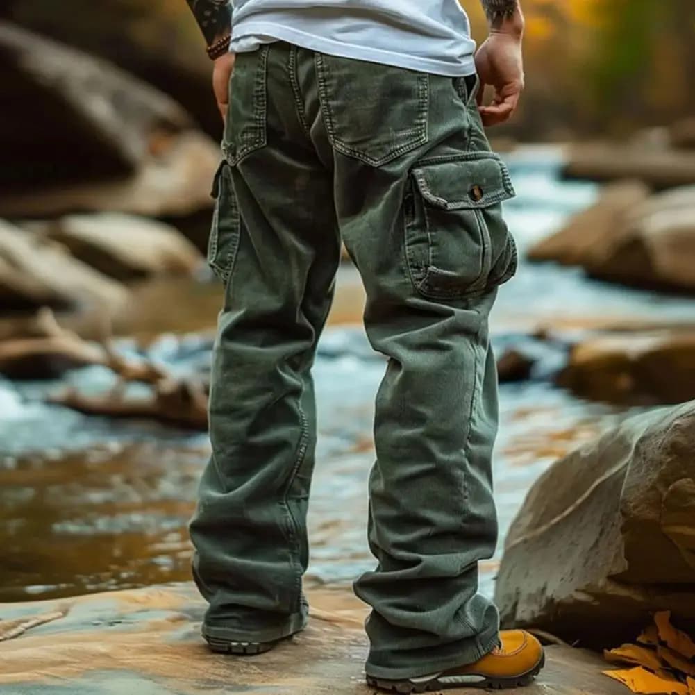 Pantalon velours côtelé cargo homme style rétro multi-poches pour pêche décontractée