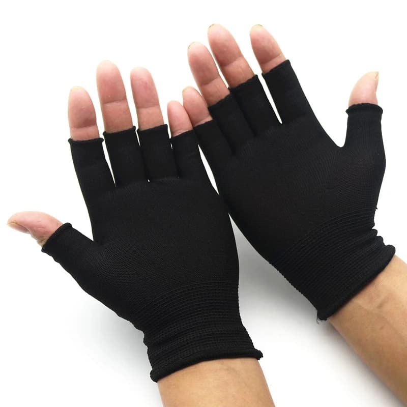 Paire de gants sans doigts noirs mi-longs homme femme laine tricot poignet coton hiver pêche
