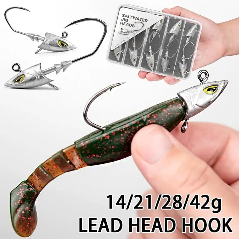 Hameçons plombés mer 5 pièces 14g à 42g pour bar et daurade - Tête poisson simulée avec porte-hameçon élargi
