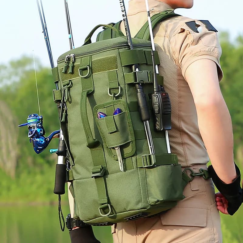 Sac à dos tactique pêche avec porte-cannes - Multifonction randonnée camping extérieur