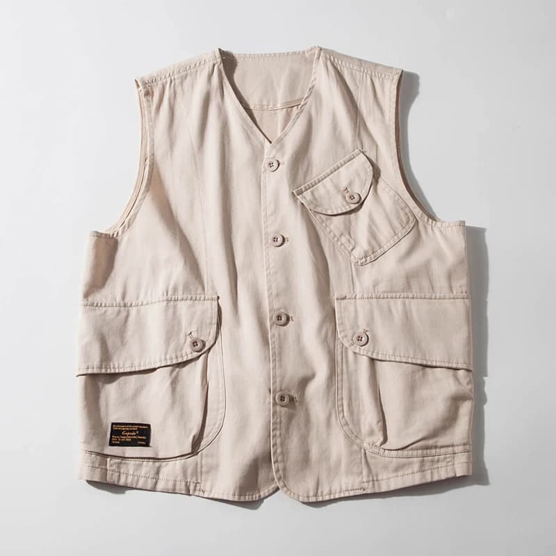 Gilet de pêche safari cargo léger japonais - Veste de voyage tirage avec poches pour homme style workwear