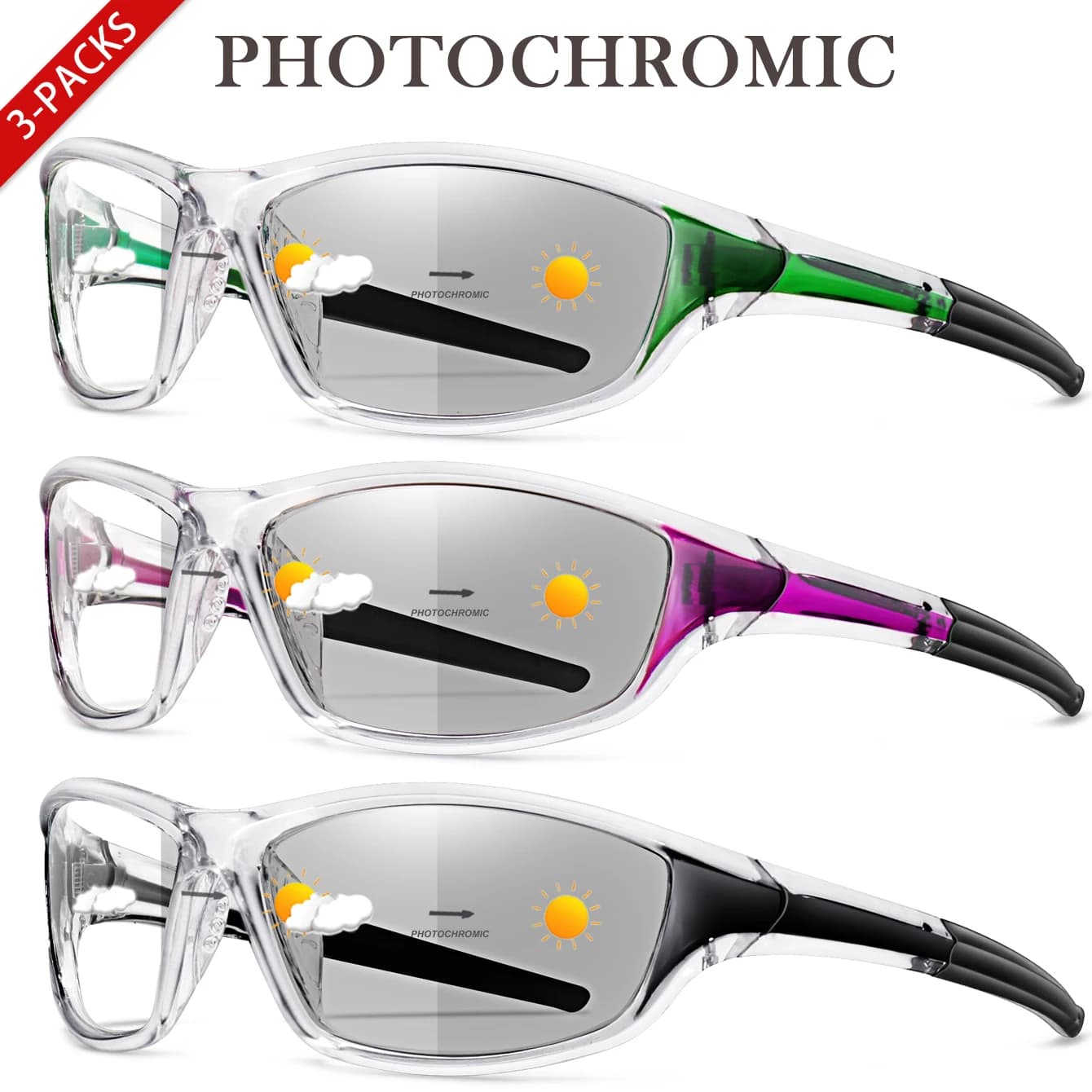 3 paires lunettes photochromiques vélo running pêche confortables hommes femmes
