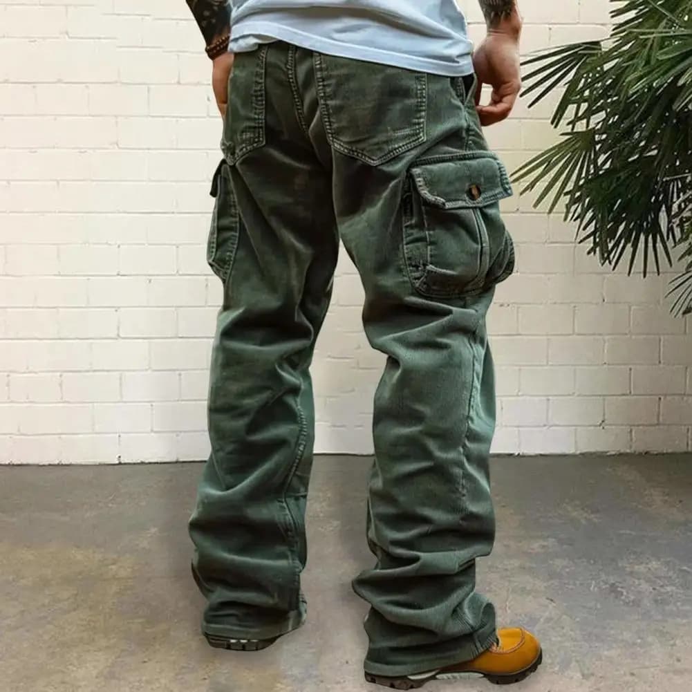 Pantalon velours côtelé cargo homme style rétro multi-poches pour pêche décontractée