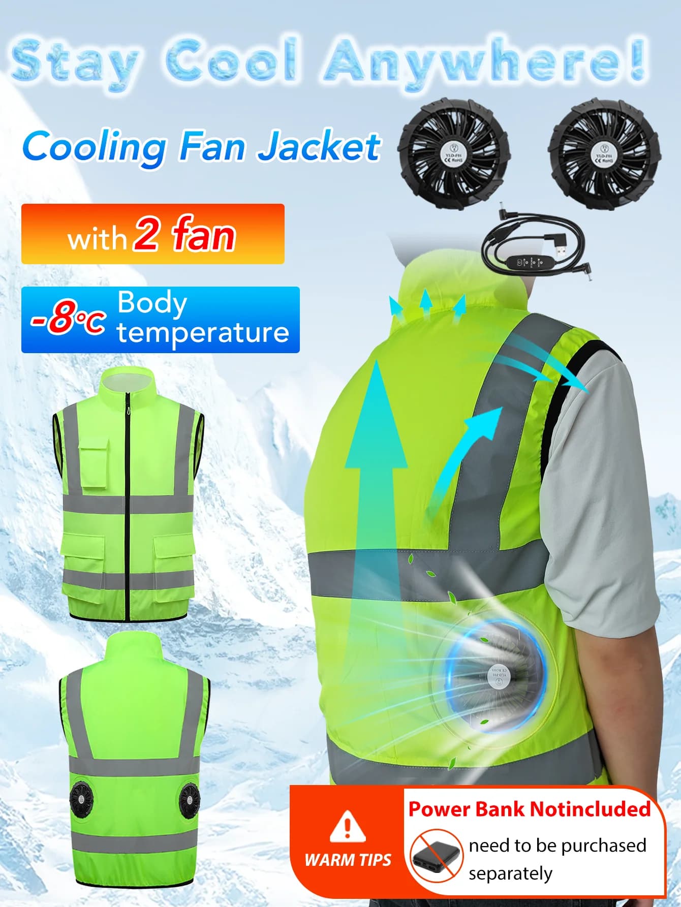 Veste rafraîchissante pêche été avec 2 ventilateurs 9 pales et 3 vitesses, pour sorties canne