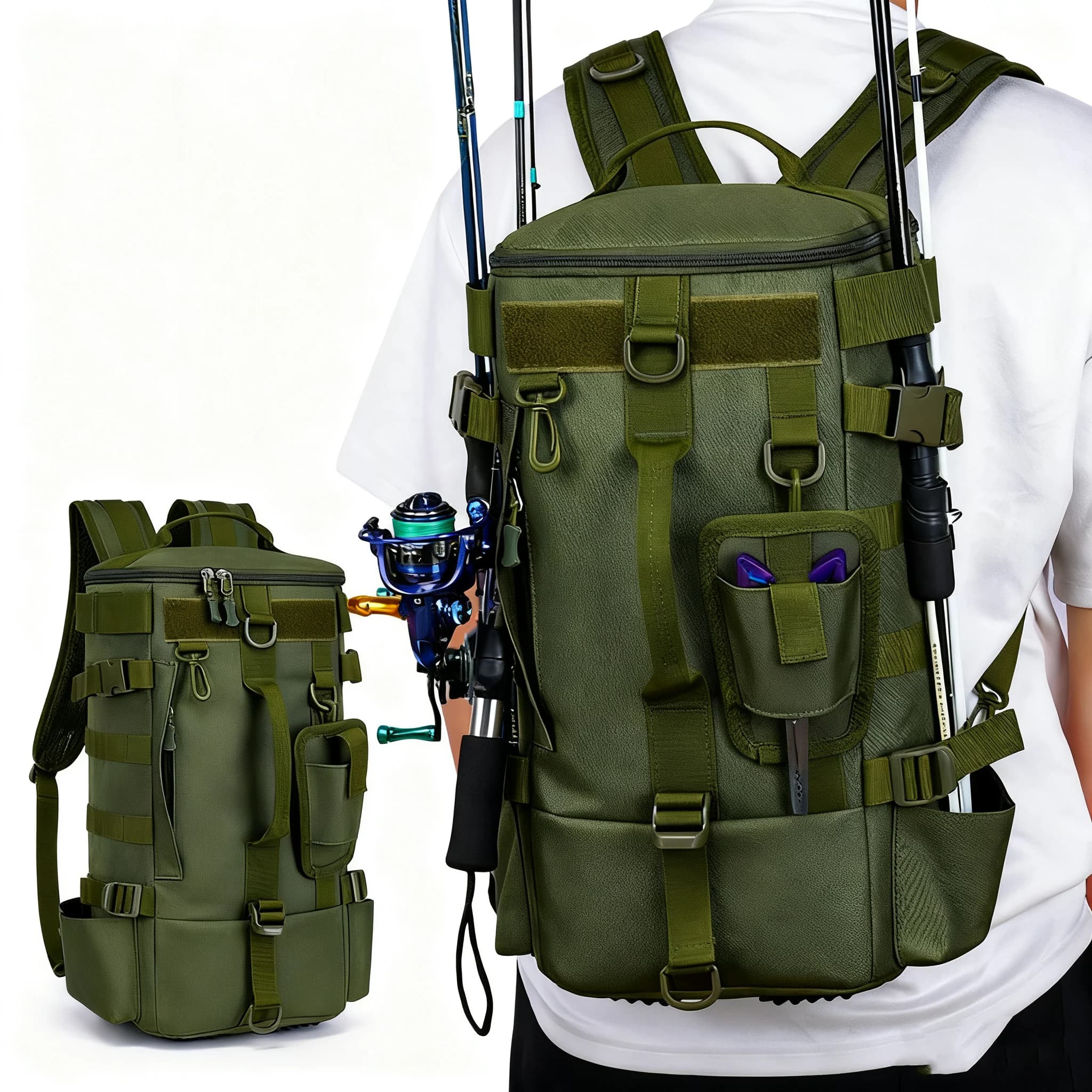 Sac à dos pêche multifonction étanche avec porte-cannes - Stockage équipement pêche résistant