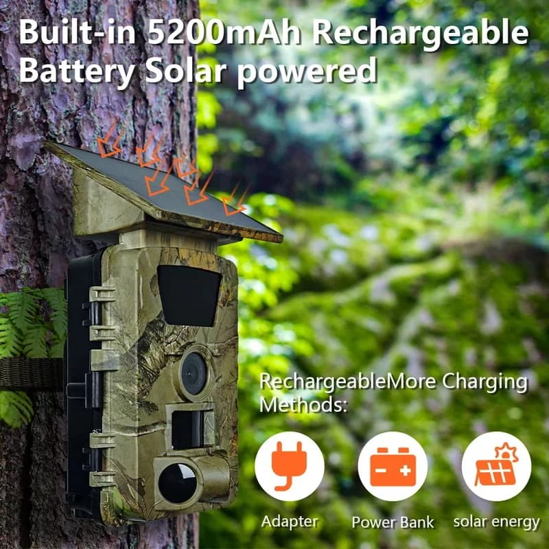 Caméra de chasse solaire 5K 60MP WiFi étanche IP66 grand angle vision nocturne surveillance