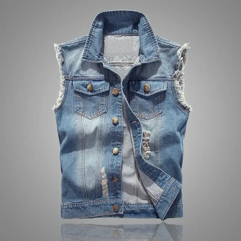 Veste denim déchirée sans manches homme style rétro pour pêche estivale confortable