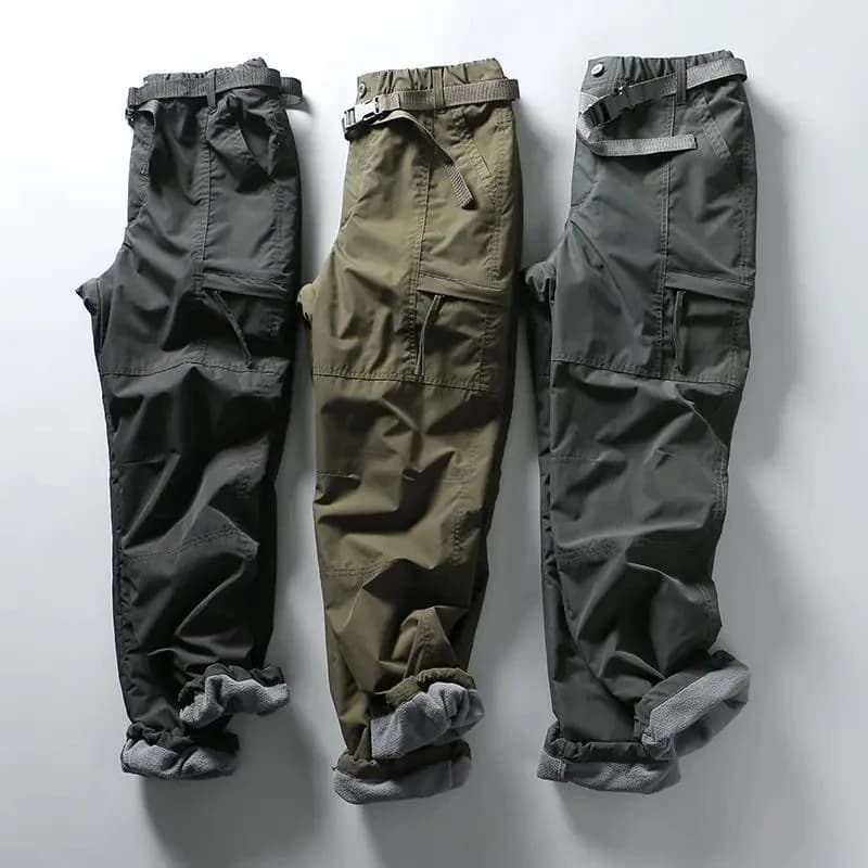Pantalon cargo pêche hiver épais imperméable polaire multi-poches ample droit homme femme