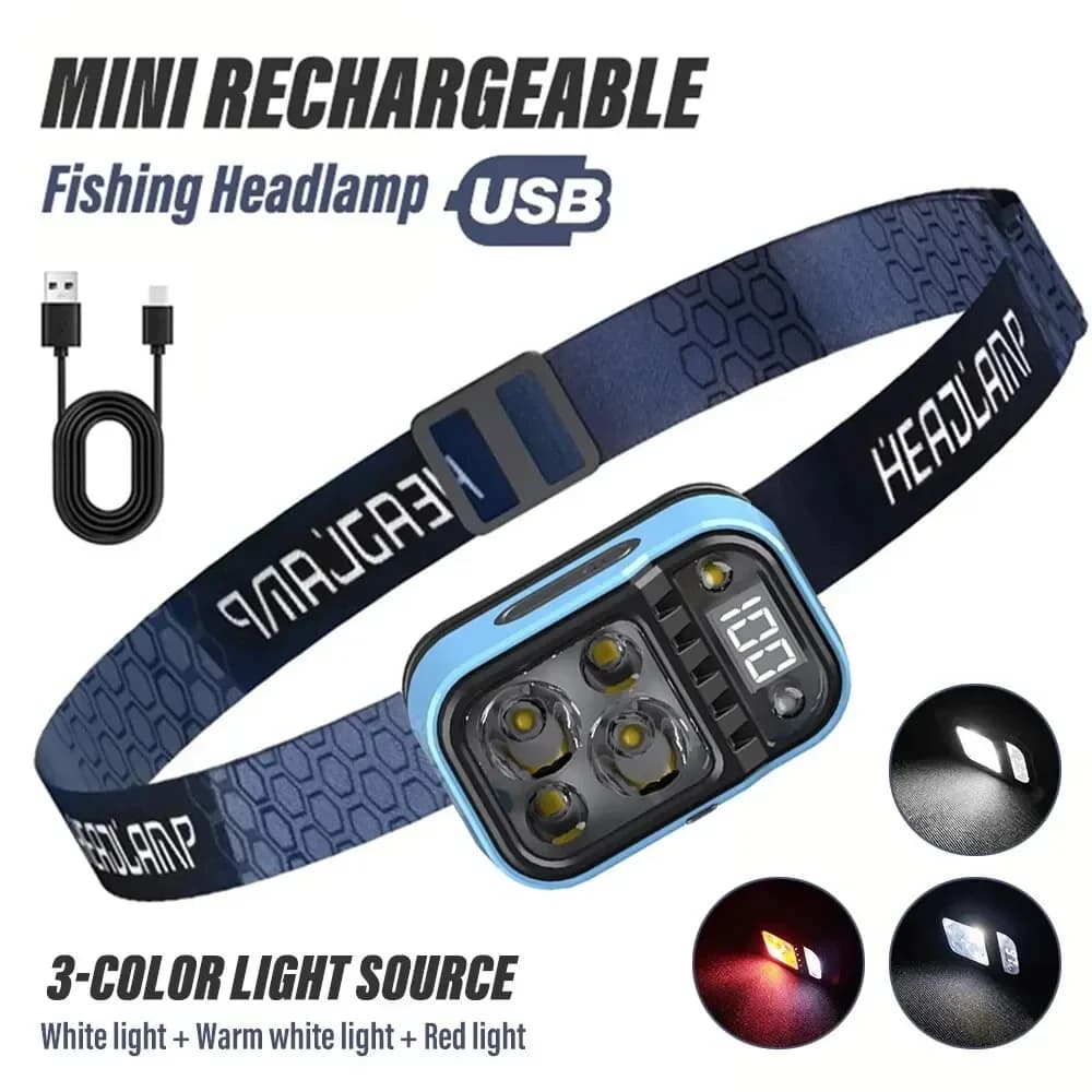 Lampe frontale pêche LED rechargeable avec capteurs et indicateur batterie ultra lumineuse XPG+COB