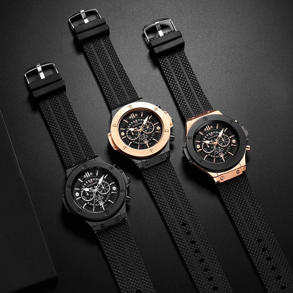 Montre militaire homme VA VA VOOM 46mm cadran rose gold squelette - Bracelet silicone - Mouvement quartz original